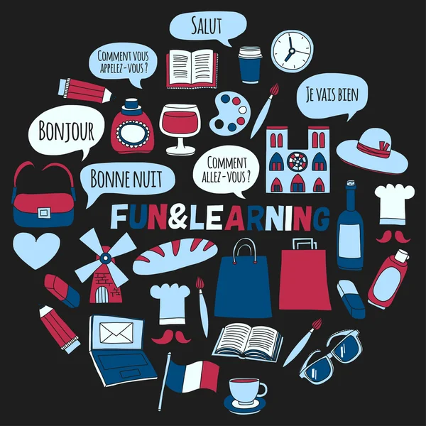 Cursos de francés en línea Language school Vector set of doodle icons — Vector de stock