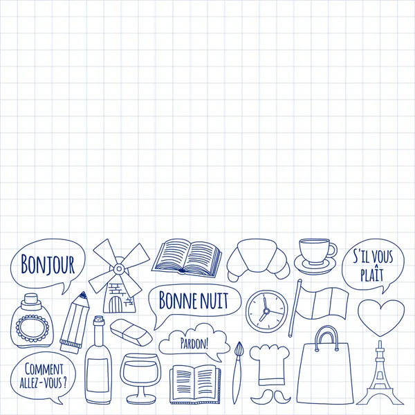 Online Fransızca kursları Dil Okulu vektör doodle simgeler kümesi