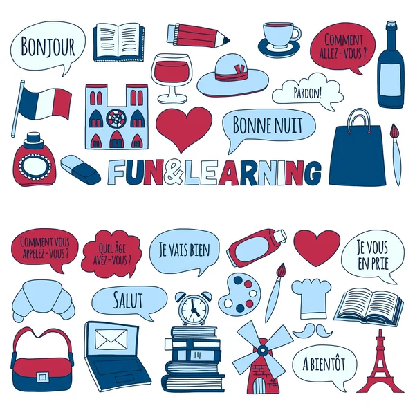 Online Fransızca kursları Dil Okulu vektör doodle simgeler kümesi