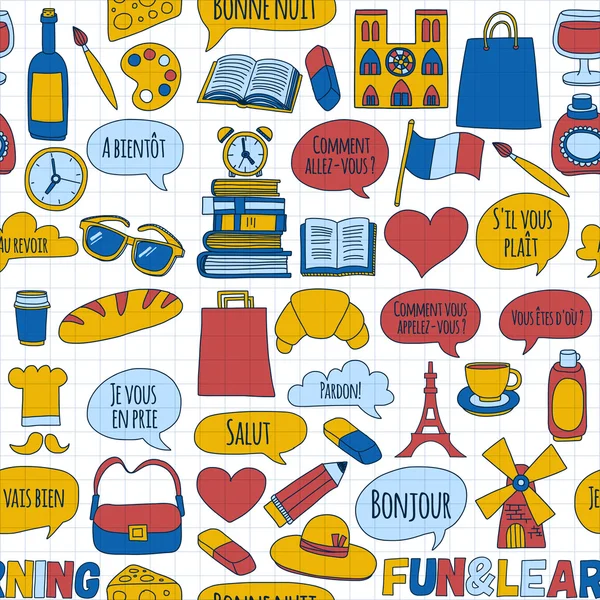 Cursos de francés en línea Language school Vector set of doodle icons — Vector de stock