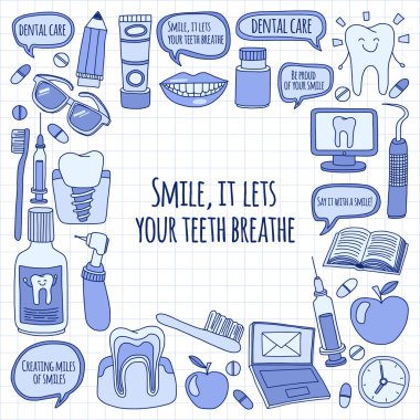Diş Hekimliği vektör doodle simgeler çocuk diş bakımı kümesi