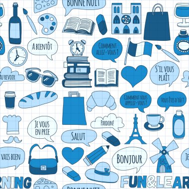 Online Fransızca kursları Dil Okulu vektör doodle simgeler kümesi