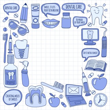 Diş Hekimliği vektör doodle simgeler çocuk diş bakımı kümesi