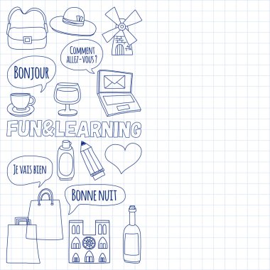 Online Fransızca kursları Dil Okulu vektör doodle simgeler kümesi