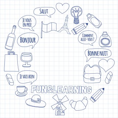 Online Fransızca kursları Dil Okulu vektör doodle simgeler kümesi