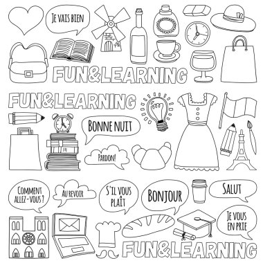 Online Fransızca kursları Dil Okulu vektör doodle simgeler kümesi