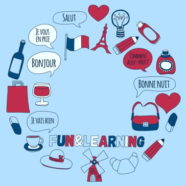 Online Fransızca kursları Dil Okulu vektör doodle simgeler kümesi