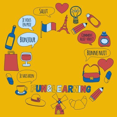 Online Fransızca kursları Dil Okulu vektör doodle simgeler kümesi