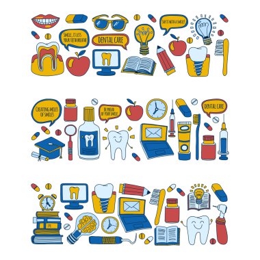 Diş Hekimliği vektör doodle simgeler çocuk diş bakımı kümesi