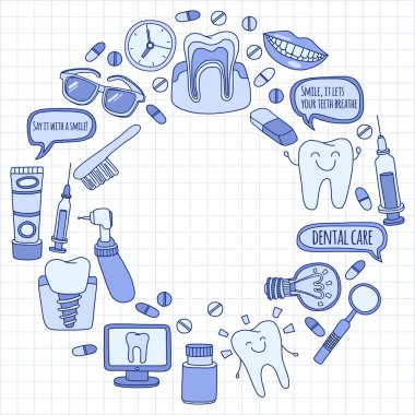 Diş Hekimliği vektör doodle simgeler çocuk diş bakımı kümesi