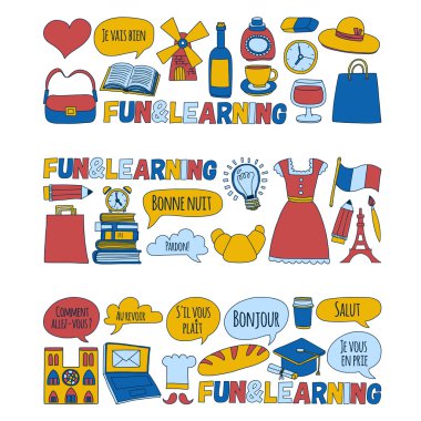 Online Fransızca kursları Dil Okulu vektör doodle simgeler kümesi