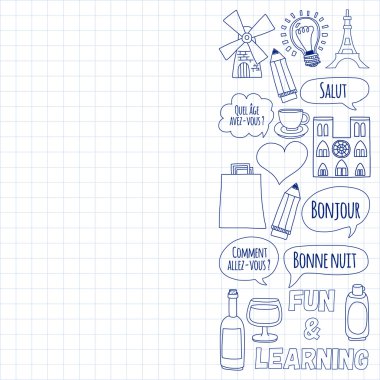Online Fransızca kursları Dil Okulu vektör doodle simgeler kümesi