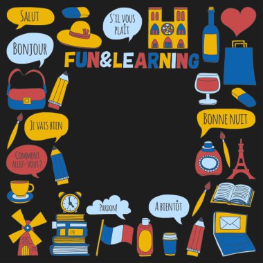 Online Fransızca kursları Dil Okulu vektör doodle simgeler kümesi