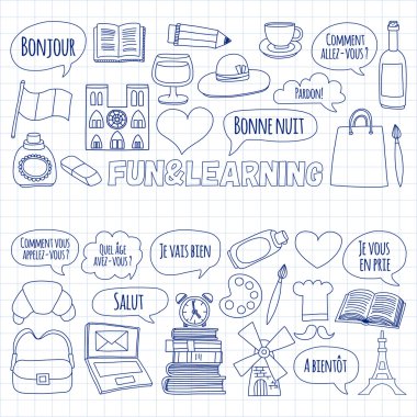 Online Fransızca kursları Dil Okulu vektör doodle simgeler kümesi