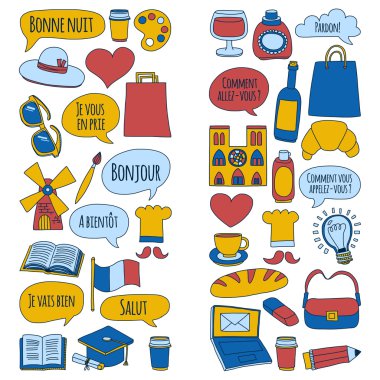 Online Fransızca kursları Dil Okulu vektör doodle simgeler kümesi