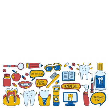 Diş Hekimliği vektör doodle simgeler çocuk diş bakımı kümesi