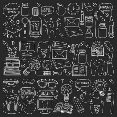 Diş Hekimliği vektör doodle simgeler çocuk diş bakımı kümesi