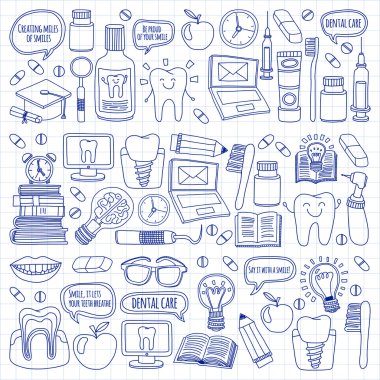 Diş Hekimliği vektör doodle simgeler çocuk diş bakımı kümesi