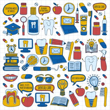 Diş Hekimliği vektör doodle simgeler çocuk diş bakımı kümesi
