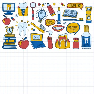 Diş Hekimliği vektör doodle simgeler çocuk diş bakımı kümesi