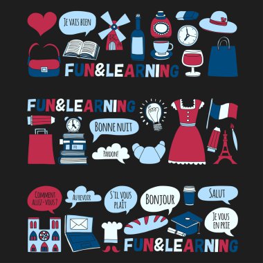 Online Fransızca kursları Dil Okulu vektör doodle simgeler kümesi