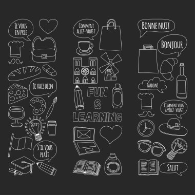 Online Fransızca kursları Dil Okulu vektör doodle simgeler kümesi