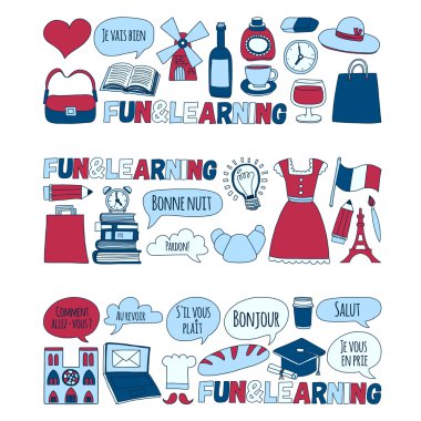 Online Fransızca kursları Dil Okulu vektör doodle simgeler kümesi
