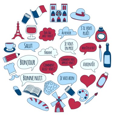 Online Fransızca kursları Dil Okulu vektör doodle simgeler kümesi