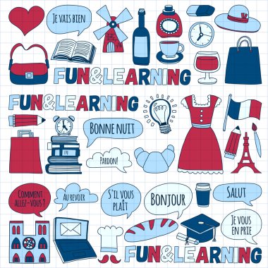 Online Fransızca kursları Dil Okulu vektör doodle simgeler kümesi