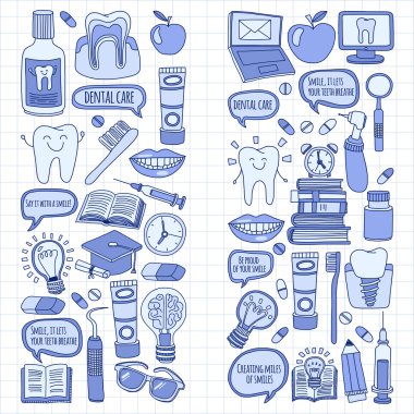 Diş Hekimliği vektör doodle simgeler çocuk diş bakımı kümesi