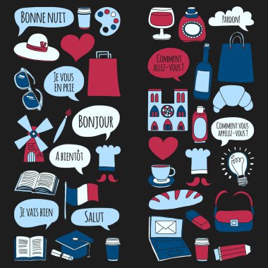 Online Fransızca kursları Dil Okulu vektör doodle simgeler kümesi