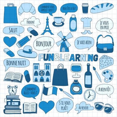 Online Fransızca kursları Dil Okulu vektör doodle simgeler kümesi