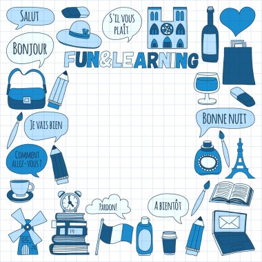Online Fransızca kursları Dil Okulu vektör doodle simgeler kümesi