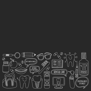 Diş Hekimliği vektör doodle simgeler çocuk diş bakımı kümesi