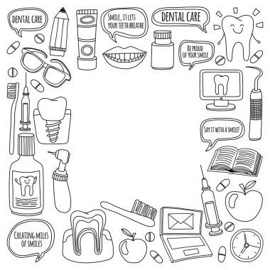 Diş Hekimliği vektör doodle simgeler çocuk diş bakımı kümesi