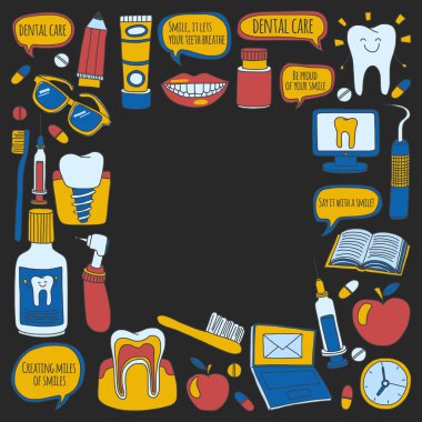 Diş Hekimliği vektör doodle simgeler çocuk diş bakımı kümesi