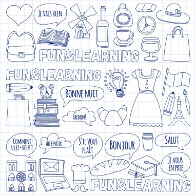 Online Fransızca kursları Dil Okulu vektör doodle simgeler kümesi