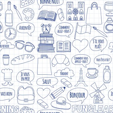 Online Fransızca kursları Dil Okulu vektör doodle simgeler kümesi