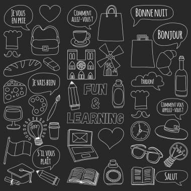 Online Fransızca kursları Dil Okulu vektör doodle simgeler kümesi