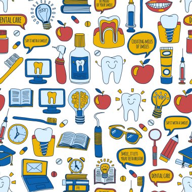 Diş Hekimliği vektör doodle simgeler çocuk diş bakımı kümesi