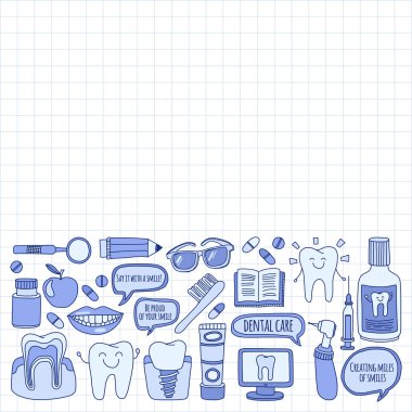 Diş Hekimliği vektör doodle simgeler çocuk diş bakımı kümesi