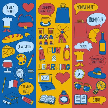Online Fransızca kursları Dil Okulu vektör doodle simgeler kümesi