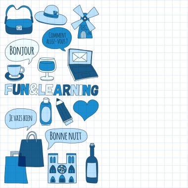 Online Fransızca kursları Dil Okulu vektör doodle simgeler kümesi