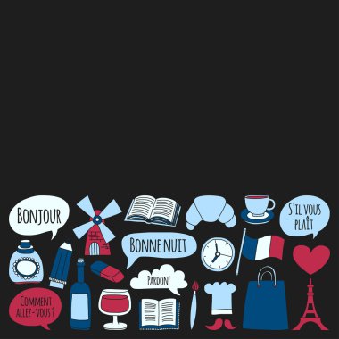 Online Fransızca kursları Dil Okulu vektör doodle simgeler kümesi