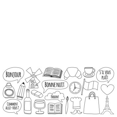 Online Fransızca kursları Dil Okulu vektör doodle simgeler kümesi