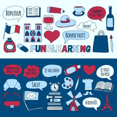 Online Fransızca kursları Dil Okulu vektör doodle simgeler kümesi