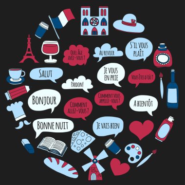 Online Fransızca kursları Dil Okulu vektör doodle simgeler kümesi