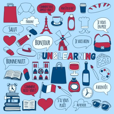 Online Fransızca kursları Dil Okulu vektör doodle simgeler kümesi