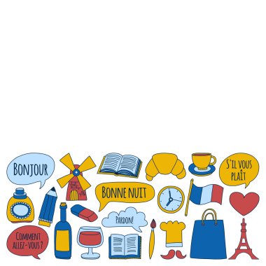 Online Fransızca kursları Dil Okulu vektör doodle simgeler kümesi