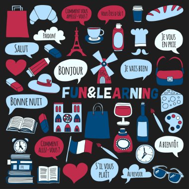 Online Fransızca kursları Dil Okulu vektör doodle simgeler kümesi
